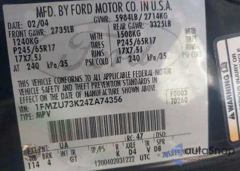 2004 Ford Explorer Nbx/Xlt z USA, uszkodzony, nr VIN 1FMZU73K24ZA74356